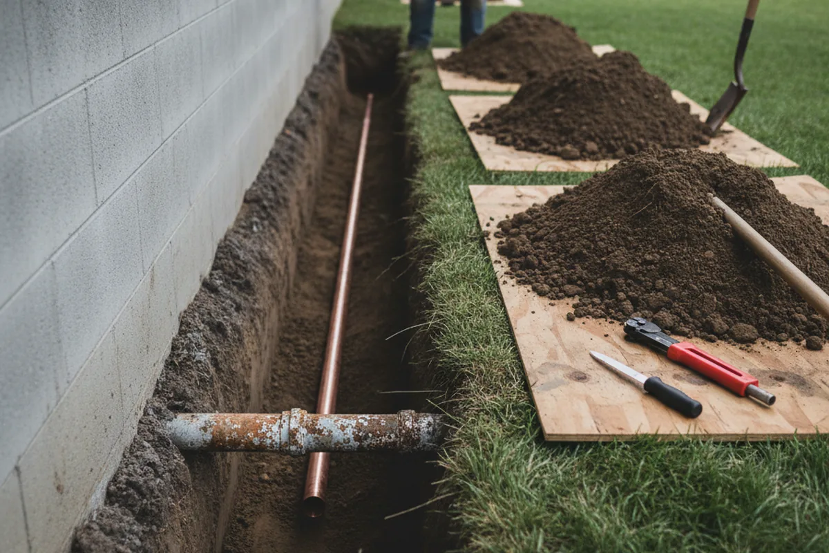 Excavated water line trench during Water Softener Installation in Vian